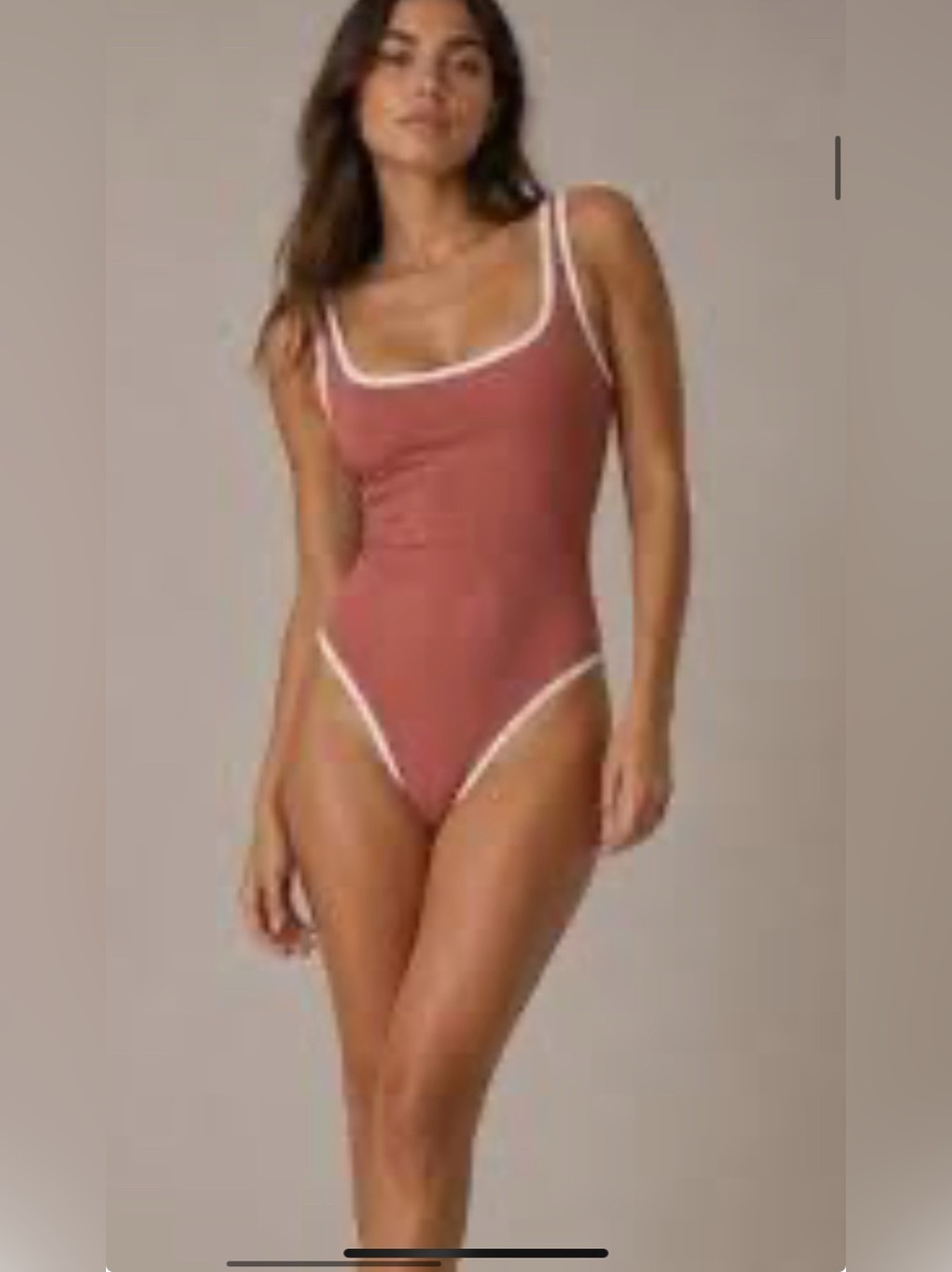 Lain Snow Brown One Piece Swimsuit White Trim Square Neck